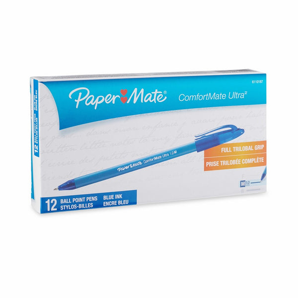 Paper Mate Comfortmate Stick Medium Point Ballpoint Pens, 12 Blue Ink Pens (6110187)