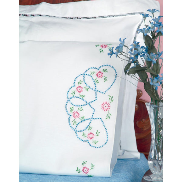 Jack Dempsey Needle Art 160033 Perle Edge Pillowcase, Starburst of Hearts with Perle Edge Finish, 20-Inch by 30-Inch, White