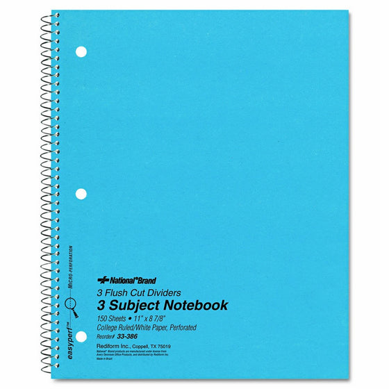 National 33386 3 Subject Wirebound Notebook, College Rule, 11 x 8 7/8, White, 150 Sheets