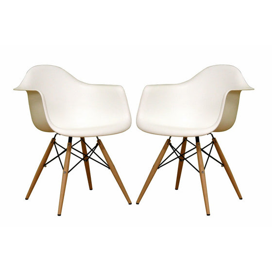 Baxton Studio Fiorenza White Plastic Armchair with Wood Eiffel Legs, Set of 2