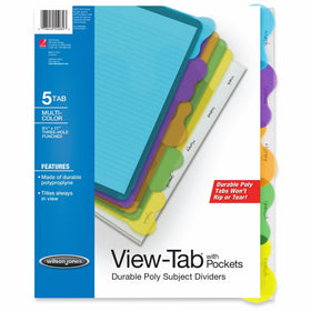 Wilson Jones View-Tab Transparent Dividers, Student Index with Pockets, 5-Tab Set, Multicolor Tabs (W55082)