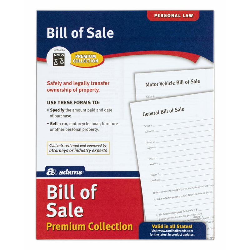 Adams Bill of Sale Forms Pack, Includes 2 Motor Vehicle and 2 General Bills of Sale, 8.5 x 11 Inches, White (ALFP111)