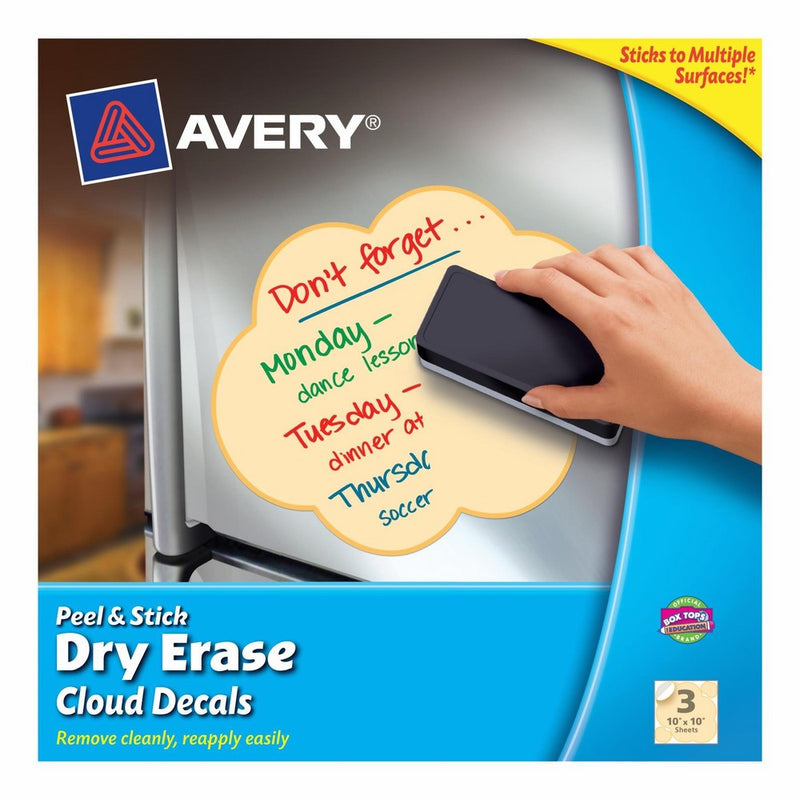 Avery Peel and Stick Dry Erase Decals, 10 x 10 inches, Yellow Clouds, 3 Sheets (24313)