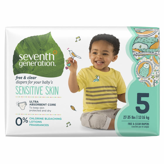 Seventh Generation Free and Clear Sensitive Skin Size 5 Baby Diapers with Animal Prints 92 Count