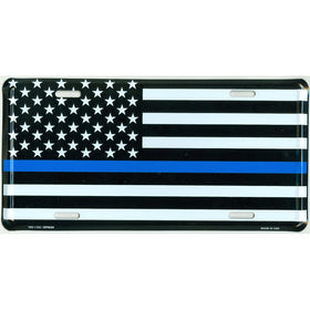 Thin Blue Line USA Metal License Plate – 6x12 inch Black, White, and Blue American Flag Auto Tag for Cars and Trucks - In Support of Police and Law Enforcement Officers