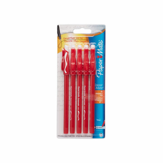 Paper Mate EraserMate Stick Ballpoint Pens, Medium Tip, Red, 5 Count