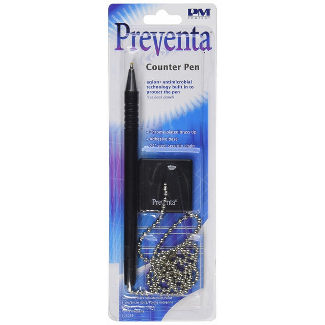 PM Company Preventa Chain Counter Pen with Chrome-Plated Tip And Agion Technology, 24-Inch Steel Chain, Medium Point, Black Barrel/Ink/Base (05059)