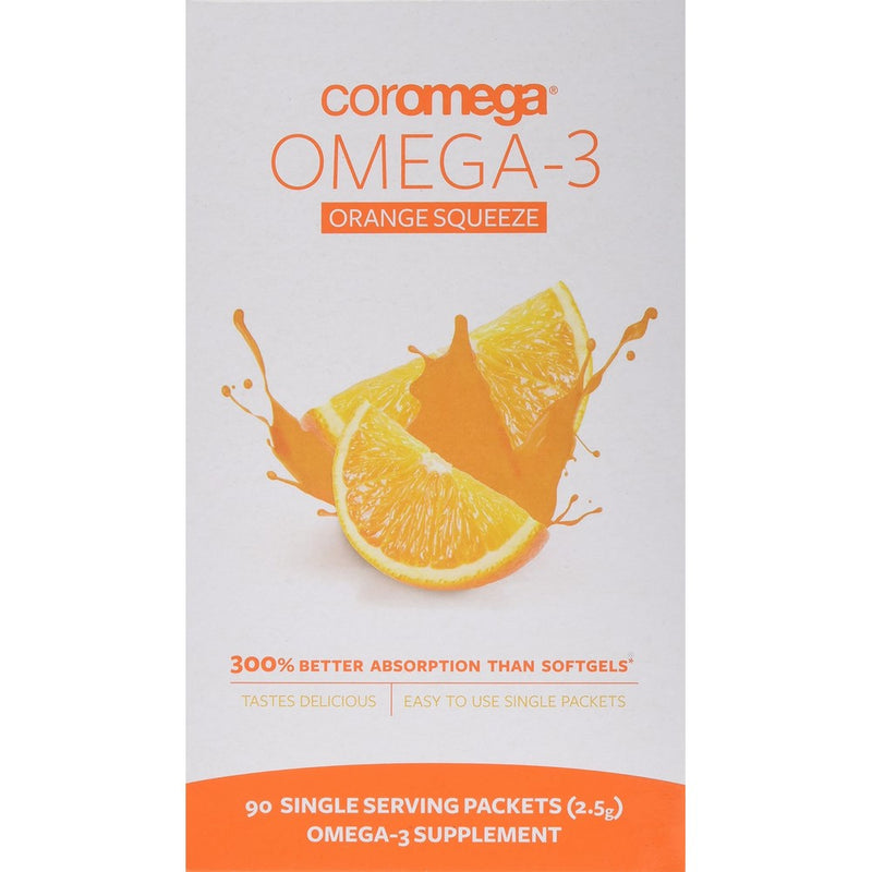 Coromega Omega-3 Fish Oil Squeeze Packets, DHA and EPA, Orange Flavor, 90-Count Box