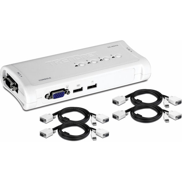 TRENDnet 4-Port USB KVM Switch Kit, VGA & USB Connections, 2048 x 1536 Resolution, Cabling Included, Control up to 4 Computers, TK-407K