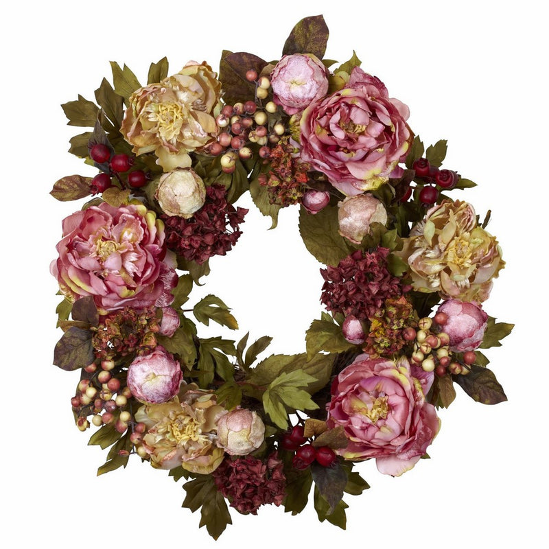 Nearly Natural 4930 Peony Hydrangea Wreath, 24-Inch, Autumn