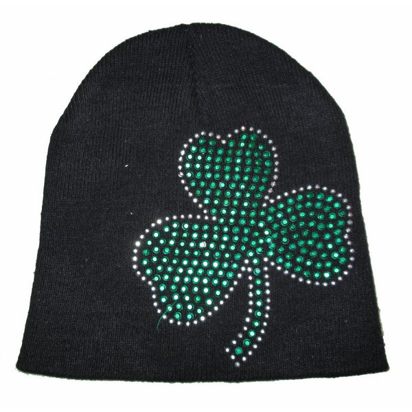 St. Patricks Day Black Knit Beanie Hat with Green Rhinestone Shamrock