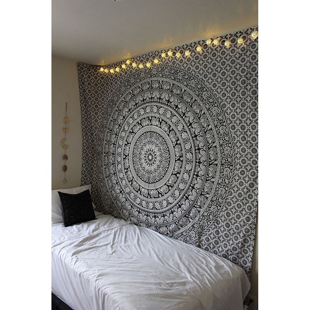 Marubhumi tapestry wall hangings Black and White Hippie Mandala Tapestry wall art Collage dorm Beach Throw Bohemian tapestry Wall decor Boho Bedspread, Twin (85 x 55 inch)
