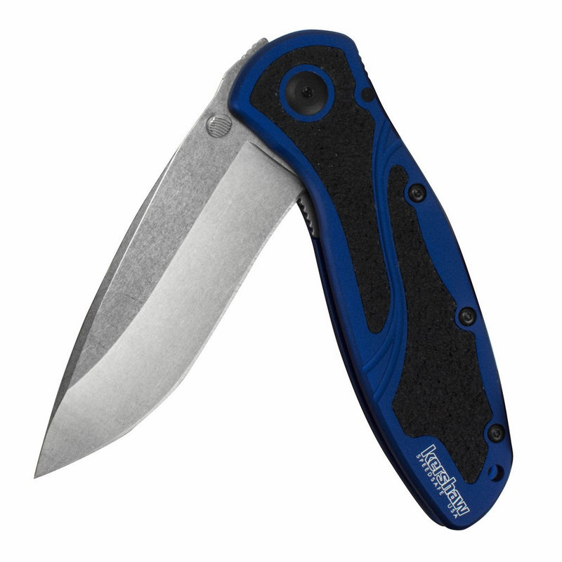 Kershaw Blur, Navy Blue Stonewashed (1670NBSW) 3.4” Stonewashed 14C28N Steel Blade and Navy Blue Anodized Aluminum Handle with Black Trac-Tec Inserts, SpeedSafe Opening, Reversible Pocketclip; 3.9 OZ