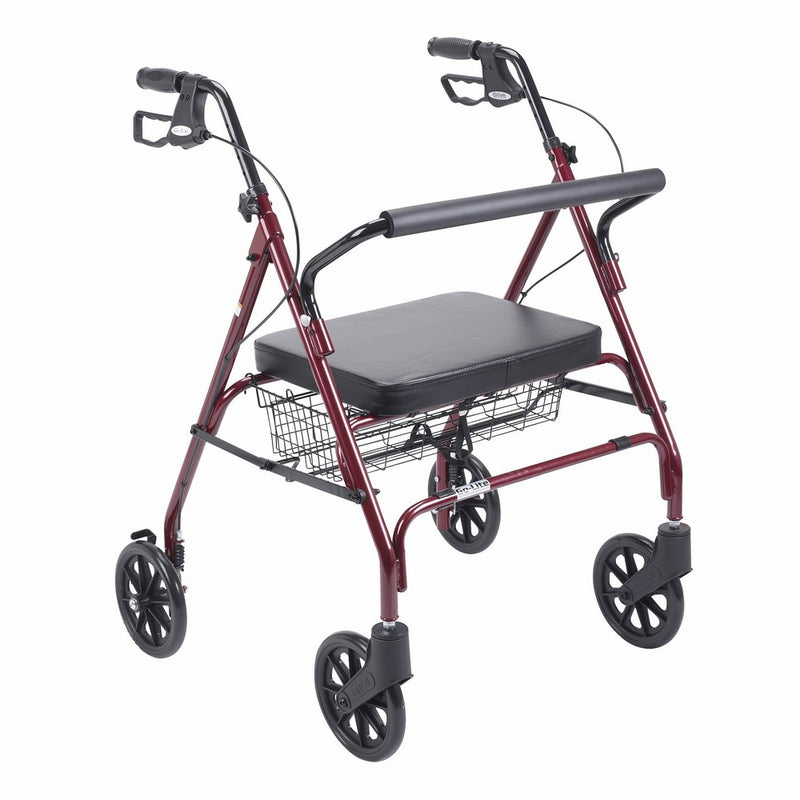 Drive Medical Heavy Duty Bariatric Walker Rollator with Large Padded Seat, Red