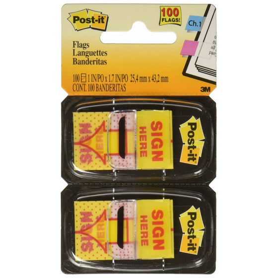 Post-it Message Flags Value Pack, "Sign Here", Yellow, 1 in. Wide, 50/Dispenser, 12 Dispensers/Pack, (680-SH12)