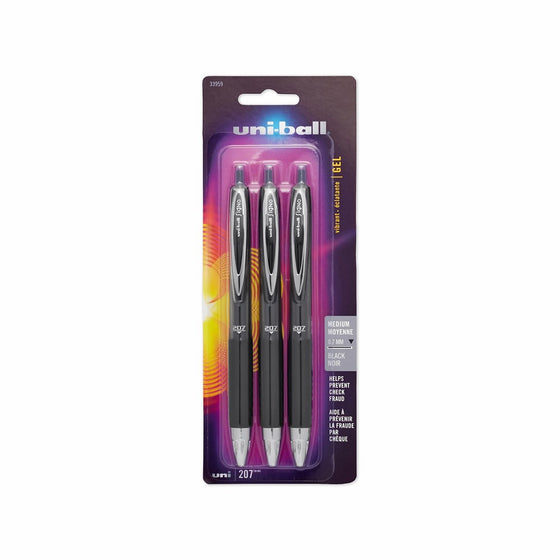 uni-ball 207 Retractable Gel Pens, Medium Point (0.7mm), Black, 3 Count