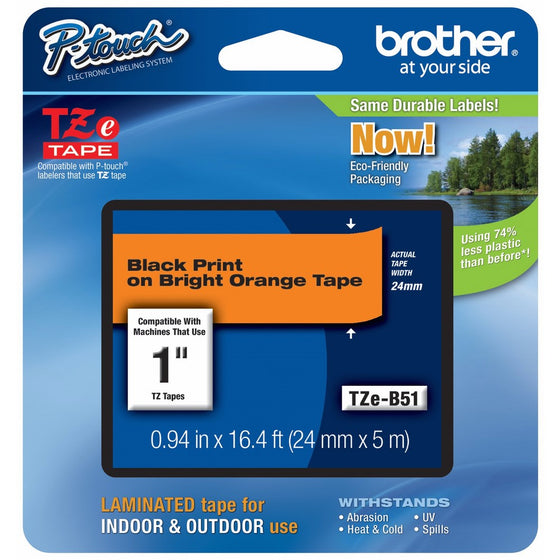 Brother Laminated Black on Fluorescent Orange 1 Inch Tape - Retail Packaging (TZeB51) - Retail Packaging