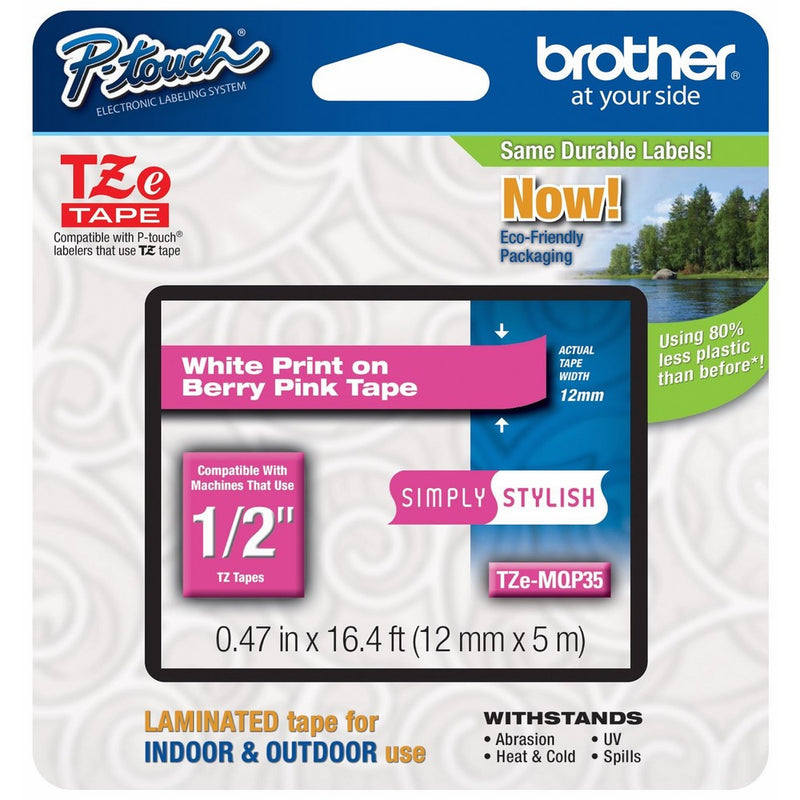 Brother P-touch 1/2" (0.47") White on Berry Pink Standard Laminated Tape - 16.4 ft. (5m)