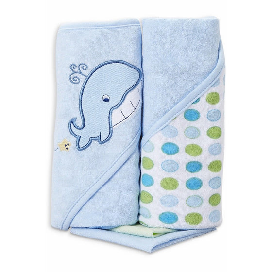 Spasilk Hooded Terry Bath Towel with Washcloths, Whale Blue, 2-Count