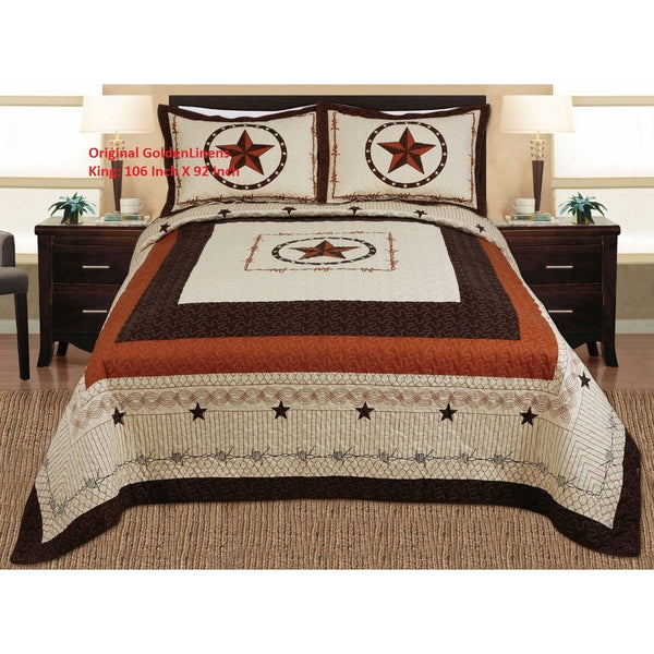 3-piece Western Lone Star Barb Wire Cabin / Lodge Quilt Bedspread Coverlet Set King / Cal King Size Beige, Brown, Black