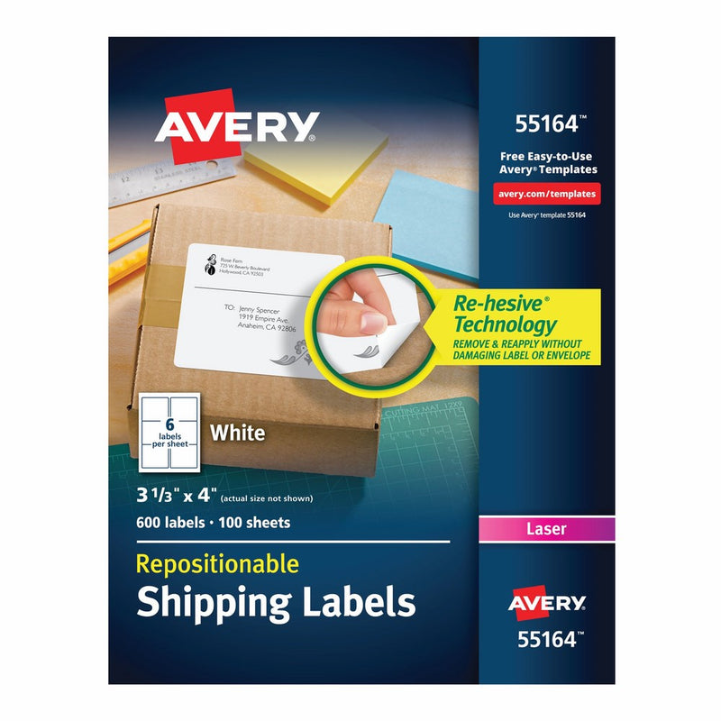 Avery 55164 Repositionable Shipping Labels, Inkjet/Laser, 3 1/3 x 4, White (Box of 600 Labels)