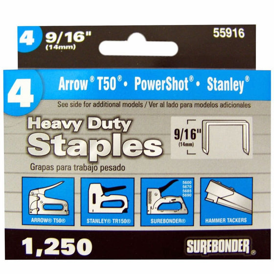 Surebonder 55916 Heavy Duty 9/16-Inch Length Staples, Arrow T50 Type, 1250 Count