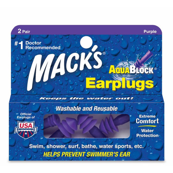 Mack's AquaBlock Earplugs, 2 Pair, Comfortable, Waterproof, Ear Plugs for Swimming, Snorkeling and Showering