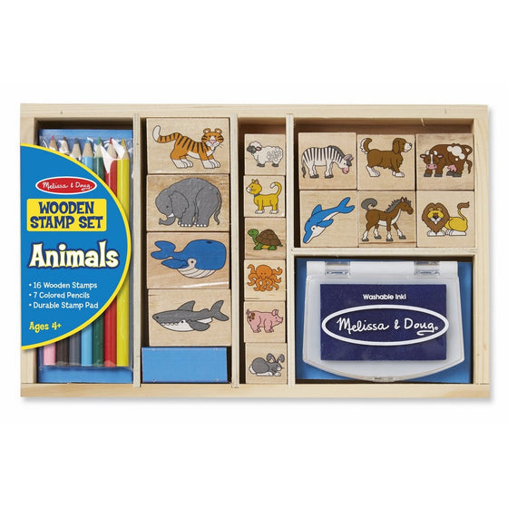 Melissa & Doug Wooden Stamp Set: Animals - 16 Stamps, 7 Colored Pencils, Stamp Pad