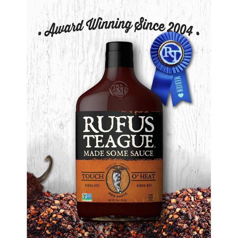 Rufus Teague- Touch O' Heat BBQ Sauce -16oz. Made for the Grill Master and BBQ Guru. Finger Licking Delicious on Chicken, Ribs, Steak, Pork Chops and Seafood. Proudly Crafted in USA.