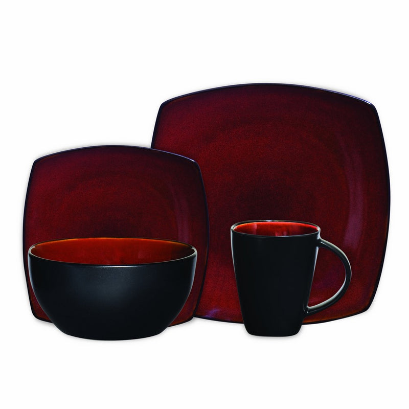 Gibson Soho Lounge 16-Piece Square Reactive Glaze Dinnerware Set, Red