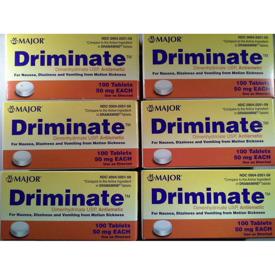 [6 Pack] Driminate Dimenhydrinate 50mg 100 Ct for Nausea, Dizziness and Vomiting From Motion Sickness (Pack of 6 Bottles) Compare to the Same Active Ingredients Found in Dramamine & Save