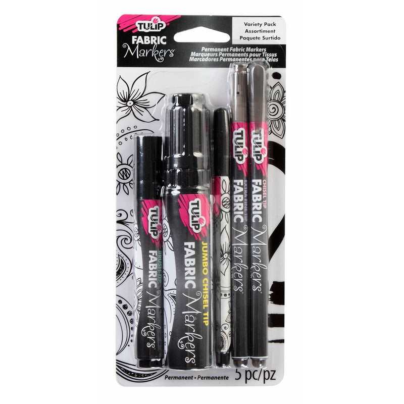 Tulip Permanent Nontoxic Fabric Markers 5 Pack Variety Pack - Brush Tip, Bullet Tip, Chisel Tip, Extra Fine Tip, Child Safe, Minimal Bleed & Fast Drying - Premium Quality for T-shirts, Clothes, Shoes, Bags & Other Fabric Materials