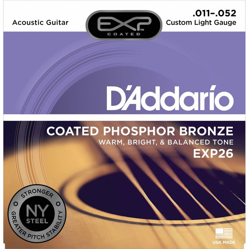 D'Addario EXP26 with NY Steel Phosphor Bronze Acoustic Guitar Strings, Coated, Custom Light, 11-52
