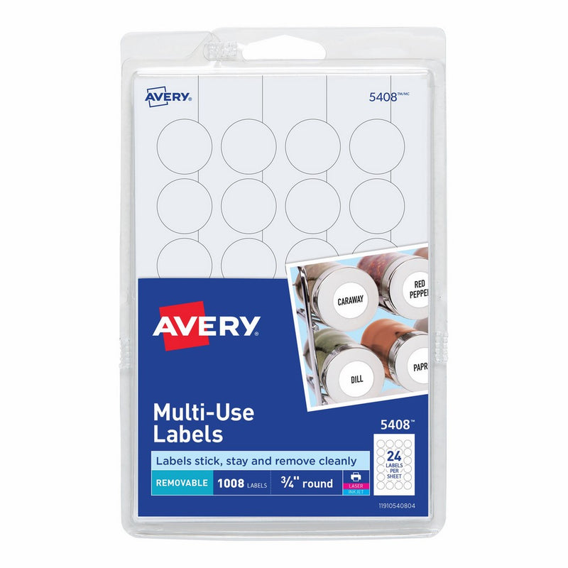 Avery Removable Print or Write Labels for Laser and Inkjet Printers, 0.75 Inches, Round, Pack of 1008 (5408)