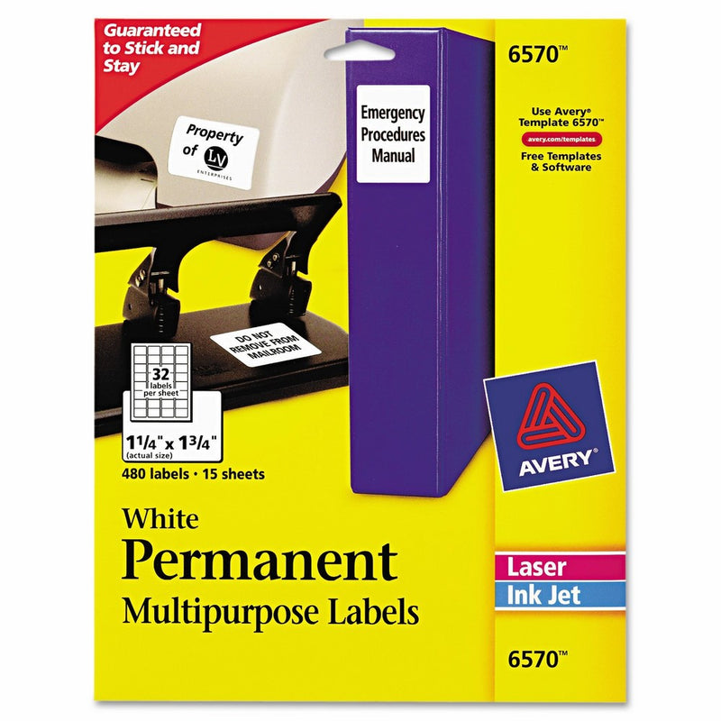 Avery Permanent ID Labels for Laser and Inkjet Printers, 1.25 x 1.75 Inch, White, 480 Labels (6570)