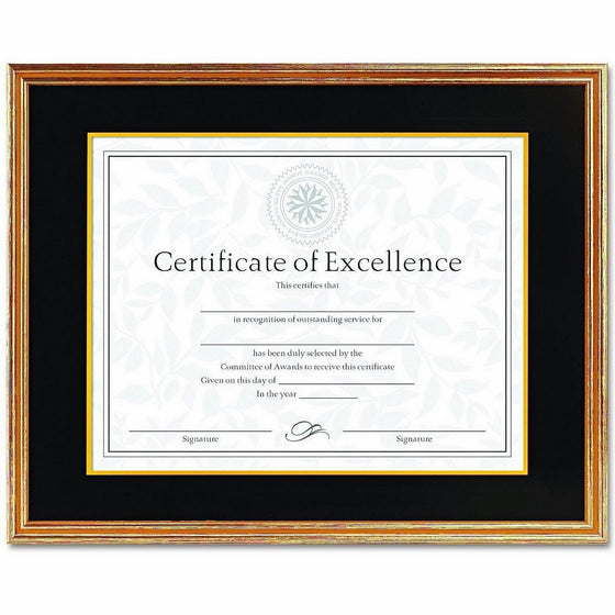 DAXamp;reg; - Hardwood Document/Certificate Frame w/Mat, 11 x 14, Antiqued Gold Leaf - Sold As 1 Each - Handsome frame has charcoal and gold-tone mat.