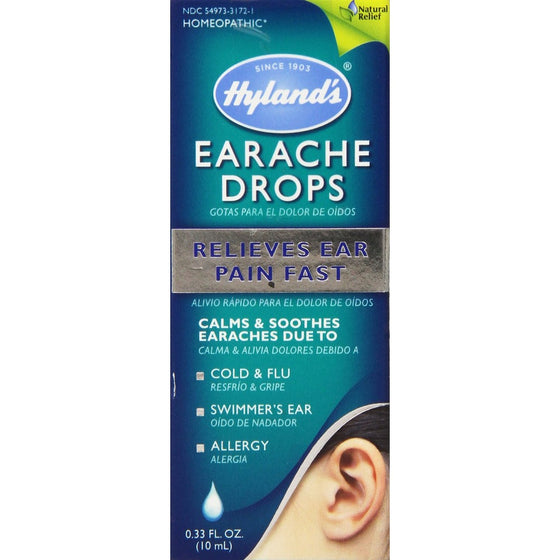 Hyland's Earache Drops, Natural Homeopathic Cold & Flu Earaches, Swimmers Ear and Allergies Relief, 0.33 Ounce