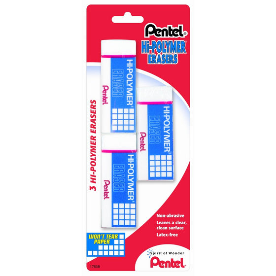 Pentel Hi-Polymer Large Block Eraser, 3 Pack (ZEH10BP2F)