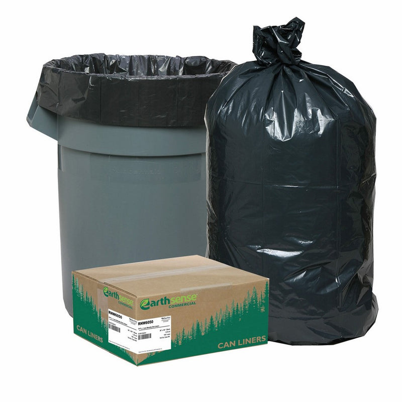 Earthsense Commercial RNW6050 Can Liner, 55-60 gal, 1.25 mil, 38" x 58", Black (Pack of 100)