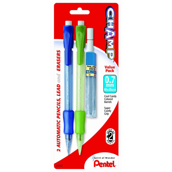 Pentel Champ Automatic Pencil with Lead and 2 Erasers, 0.7mm, Assorted Barrels, 2 Pack (AL17LEBP2)