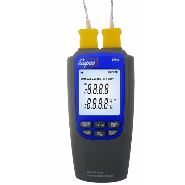 Supco EM60 Dual-Channel Differential Digital Thermocouple Thermometer with Probes, -200 to 1300 Degrees C, -328 to 2372 Degrees F, Accuracy of or - 0.1% of reading 0.7 Degree C