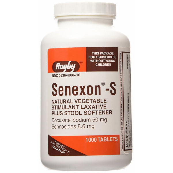 Rugby Senexon-S Generic for Senokot-S Vegetable Laxative Tablets Bottle of 1000 (Docusate sodium 50 mg, Sennosides 8.6 mg)