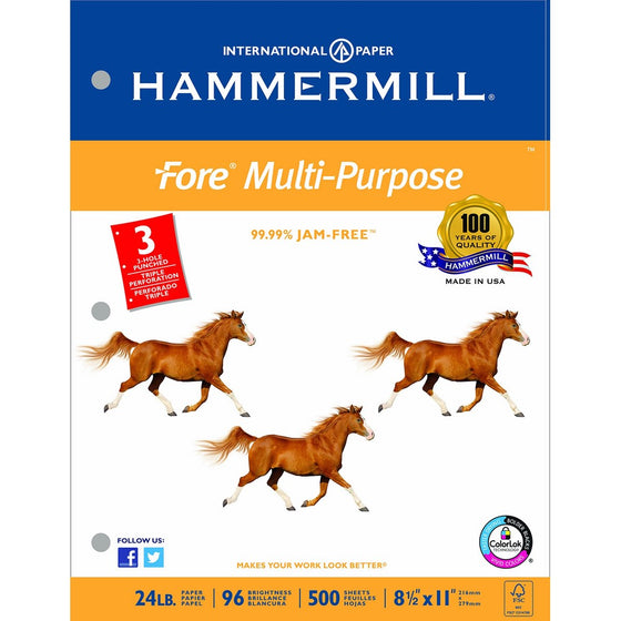 Hammermill Paper, Fore MP Paper, 24lb, 8.5 x 11, Letter, 3 Hole Punched, 96 Bright, 500 Sheets/1 Ream, (101287R), Made In The USA