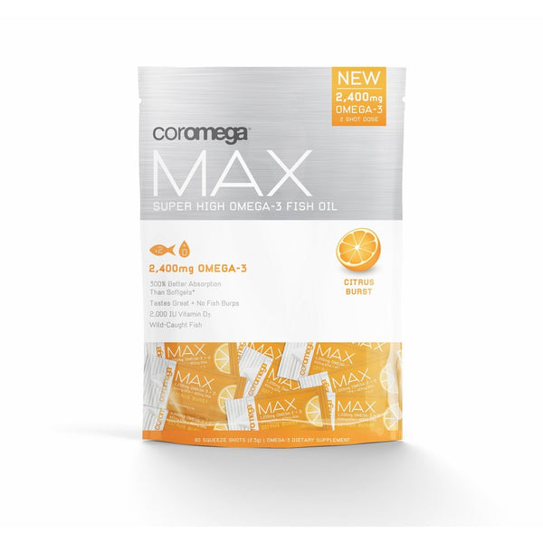 Coromega Max Super High Omega-3 Fish Oil Squeeze Packets, Anit-Inflammatory, DHA and EPA, Citrus Burst, 60-Count (Packaging May Vary)