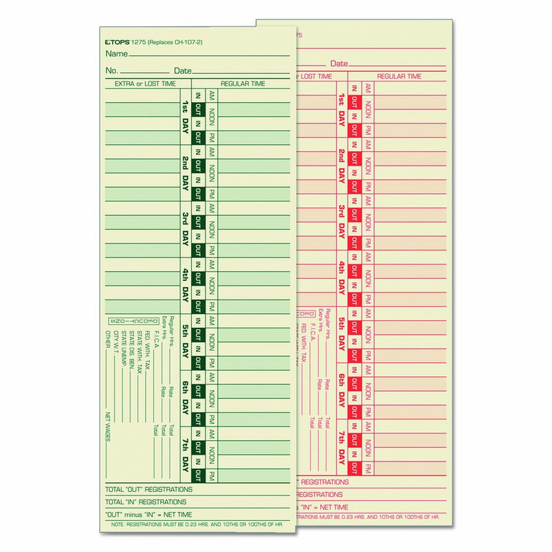 TOPS 1275 Time Card for Lathem, Bi-Weekly, Two-Sided, 3 1/2 x 9 (Box of 500)
