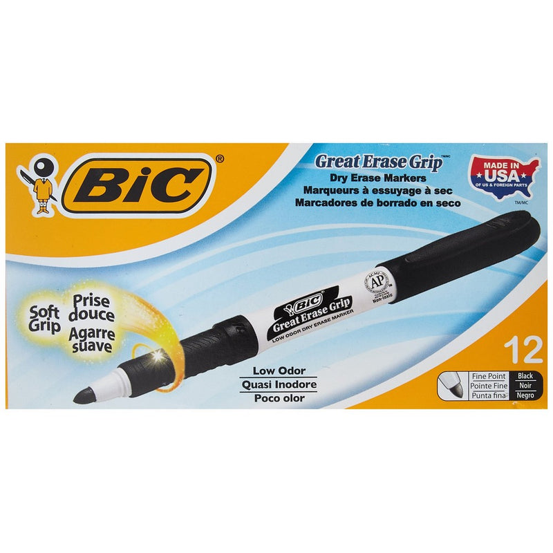 BIC Great Erase Grip Dry Erase Marker, Fine Point, Black, 12-Count