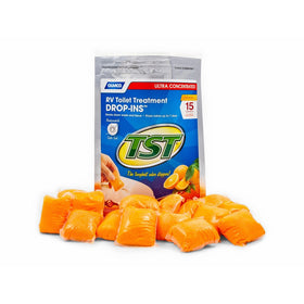 Camco TST Ultra-Concentrated Orange Citrus Scent RV Toilet Treatment Drop-Ins, Formaldehyde Free, Breaks Down Waste And Tissue, Septic Tank Safe, 15-Pack (41189)