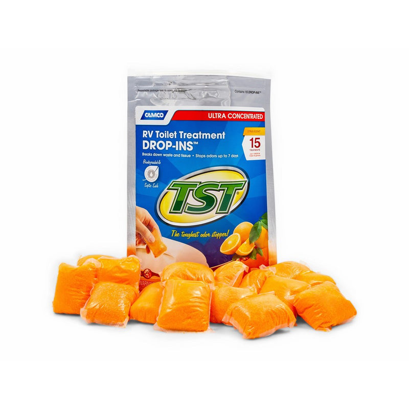 Camco TST Ultra-Concentrated Orange Citrus Scent RV Toilet Treatment Drop-Ins, Formaldehyde Free, Breaks Down Waste And Tissue, Septic Tank Safe, 15-Pack (41189)