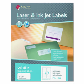 MACO ML1000 White Laser/Inkjet Shipping & Address Labels, 2 x 4 (Box of 1000)