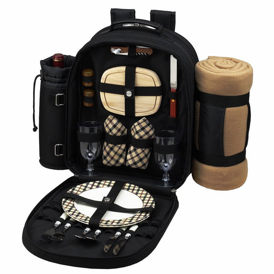 Picnic at Ascot - Deluxe Equipped 2 Person Picnic Backpack with Cooler, Insulated Wine Holder & Blanket - London Plaid